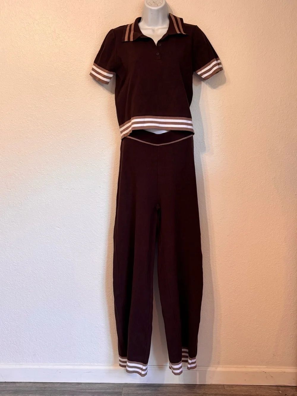 Caroline Constas Knit Polo Wide Leg Pant Leisure Set Large